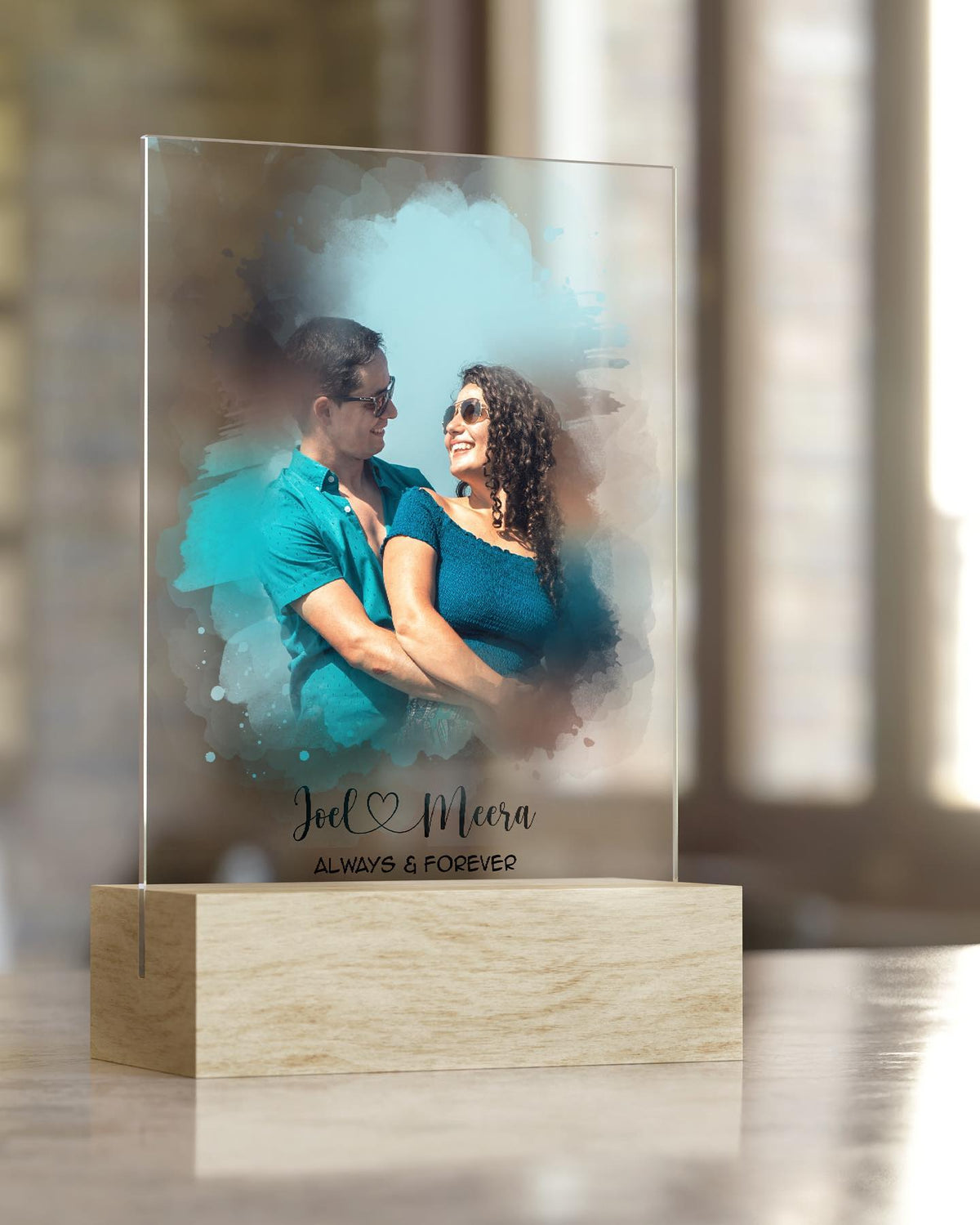 Transparent acrylic plaque with watercolour couple portrait - white theme with wooden stand
