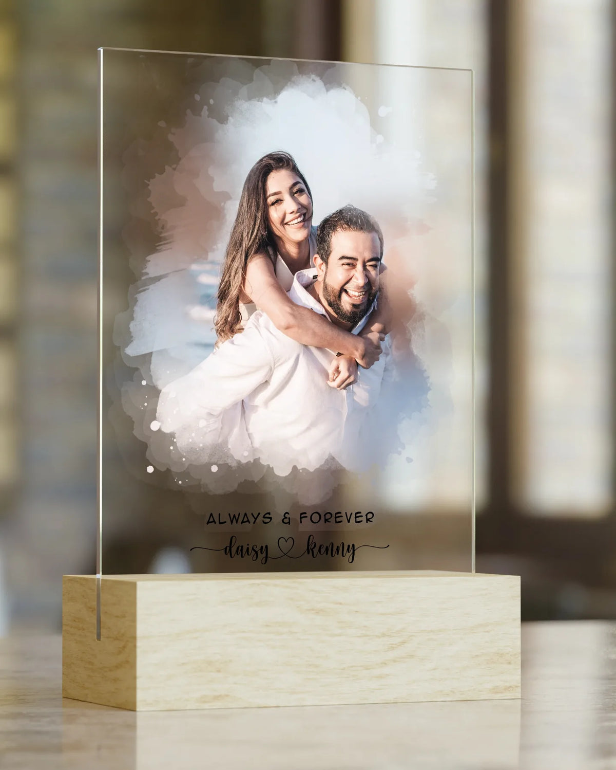 Transparent acrylic plaque with watercolour couple portrait - teal theme