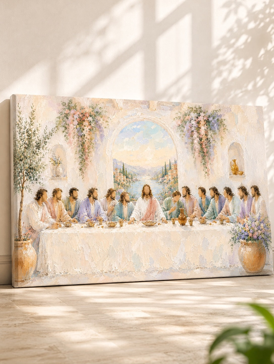 The Last Supper pastel Christian canvas art — soft tones of blush, sage, lavender and ivory with cascading wisteria and olive branches