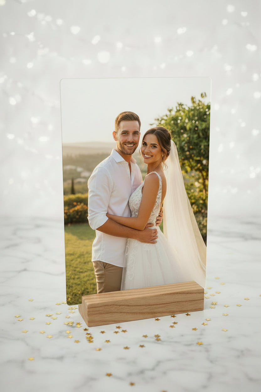 Personalized photo acrylic plaque with wooden stand on pink background